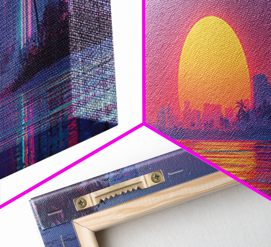 Retro Tropical Sunset Beach Wall Art, Neon Coastal Cityscape Canvas Print, Palm Tree Decor, Vaporwave Modern Bedroom Poster