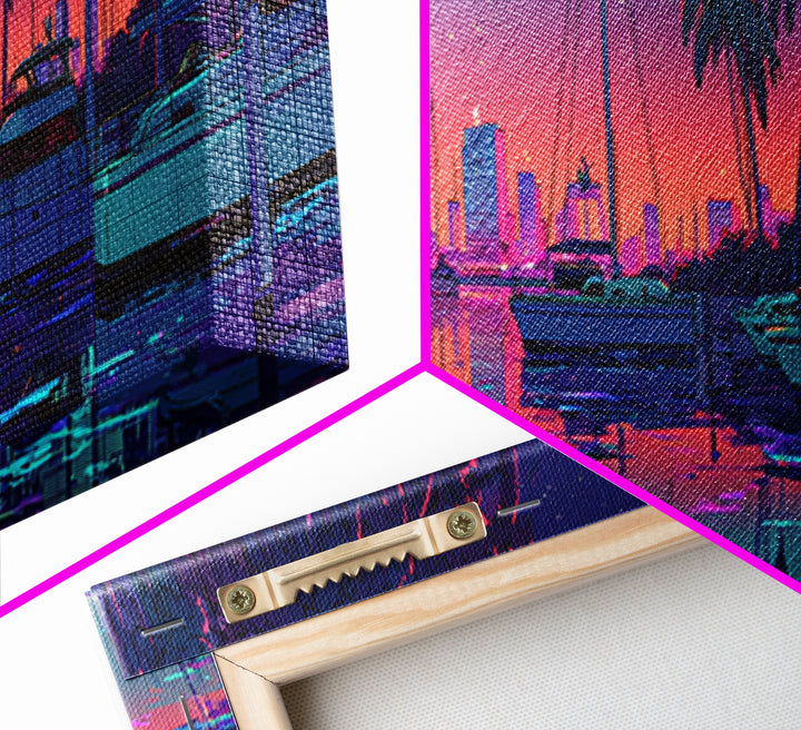 Neon Marina Skyline With Palm Trees Framed Canvas Print, Coastal City Wall Art, Miami Beach House Decor, Tropical Travel Poster