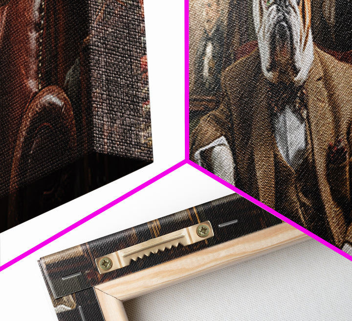 Aristocratic Bulldog In Library Chair Wall Art, Funny Animal Portrait Canvas Print, Dark Academia Office Decor Gift For Him
