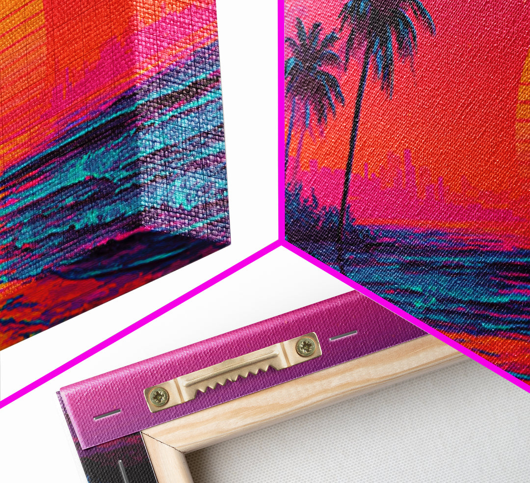 Synthwave Palm Beach Sunset Wall Art, Retro Tropical Ocean Canvas Print, Neon Coastal Decor, Colorful Summer Room Poster