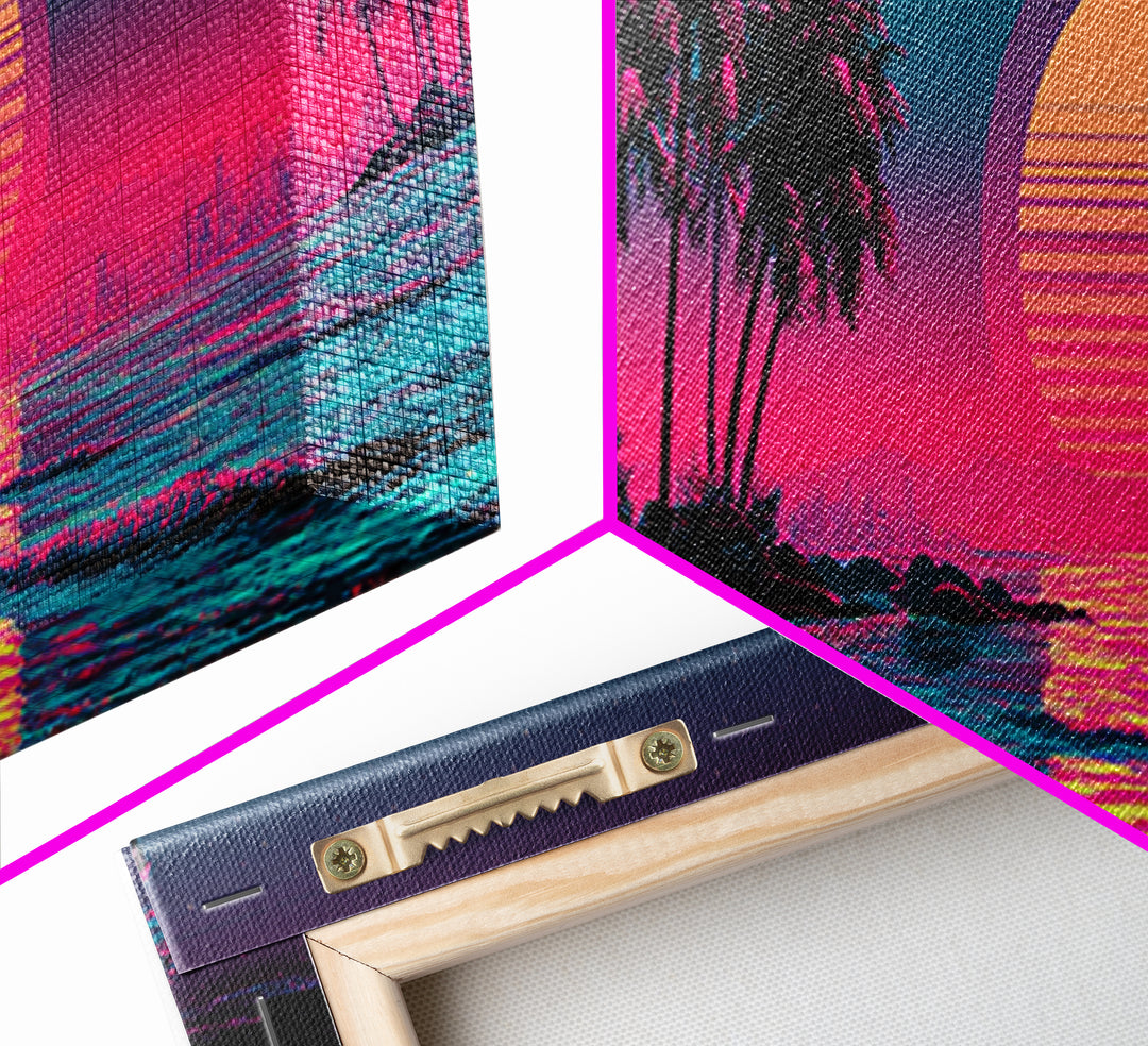 Neon Tropical Palm Sunset Canvas Print, Synthwave Beach Wall Art, Vaporwave Poster, Coastal Decor, Pink Blue Room Decor, Trendy Wall Decor