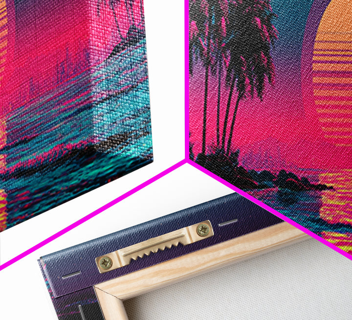 Neon Tropical Palm Sunset Canvas Print, Synthwave Beach Wall Art, Vaporwave Poster, Coastal Decor, Pink Blue Room Decor, Trendy Wall Decor