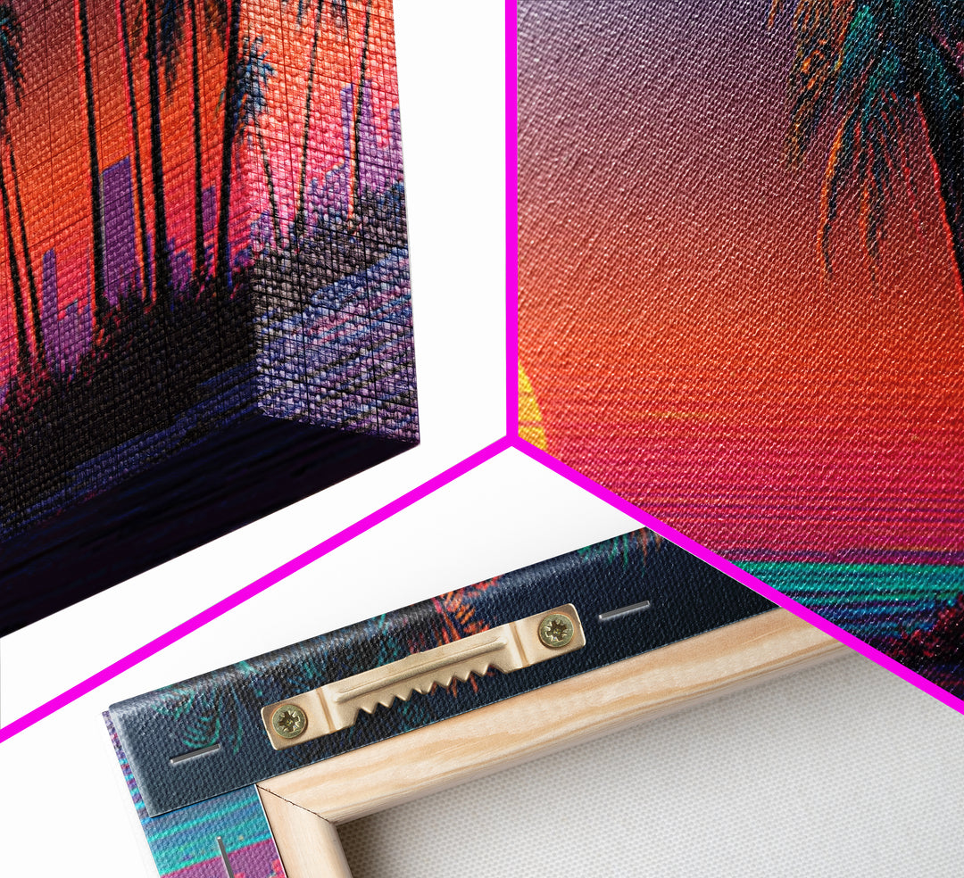 Retro Neon Beach Sunset With Palm Trees Wall Art, Synthwave Coastal Canvas Print, Tropical Ocean Decor, Large Panoramic Living Room Art