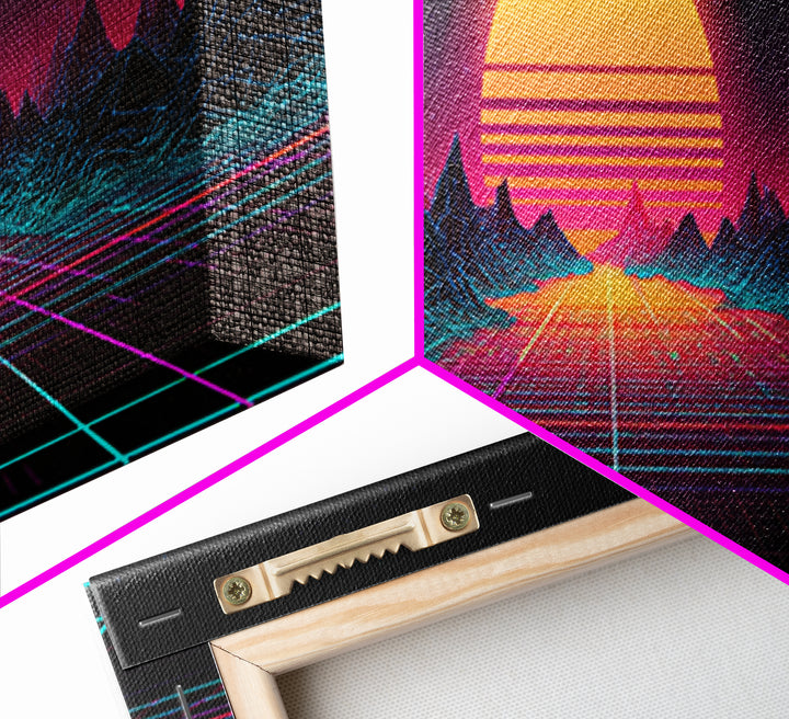 Retro Synthwave Sunset Mountain Wall Art, Vaporwave Canvas Print For Gaming Room Decor, Neon 80s Poster And Dorm Decor Gift
