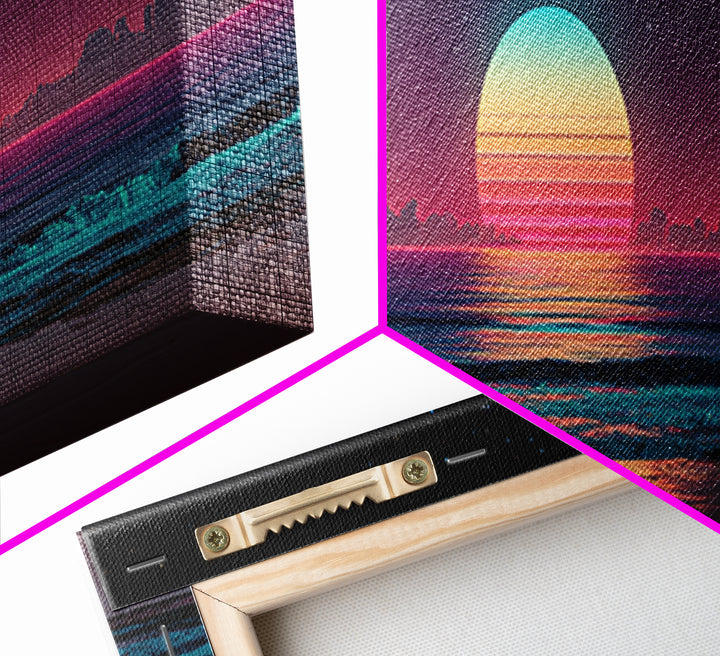 Retro Cosmic Ocean Sunset Canvas Print, Neon Beach Wall Art, Synthwave Seascape, Coastal Decor, Bedroom Poster, Home Decor