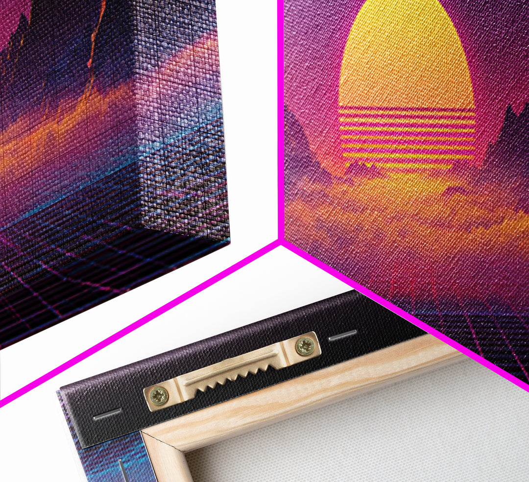 Neon Retro Futuristic Sunset Wall Art, Synthwave Mountain Grid Canvas, Vaporwave Decor, Gaming Room Poster, 80s Art, Cyberpunk Gift