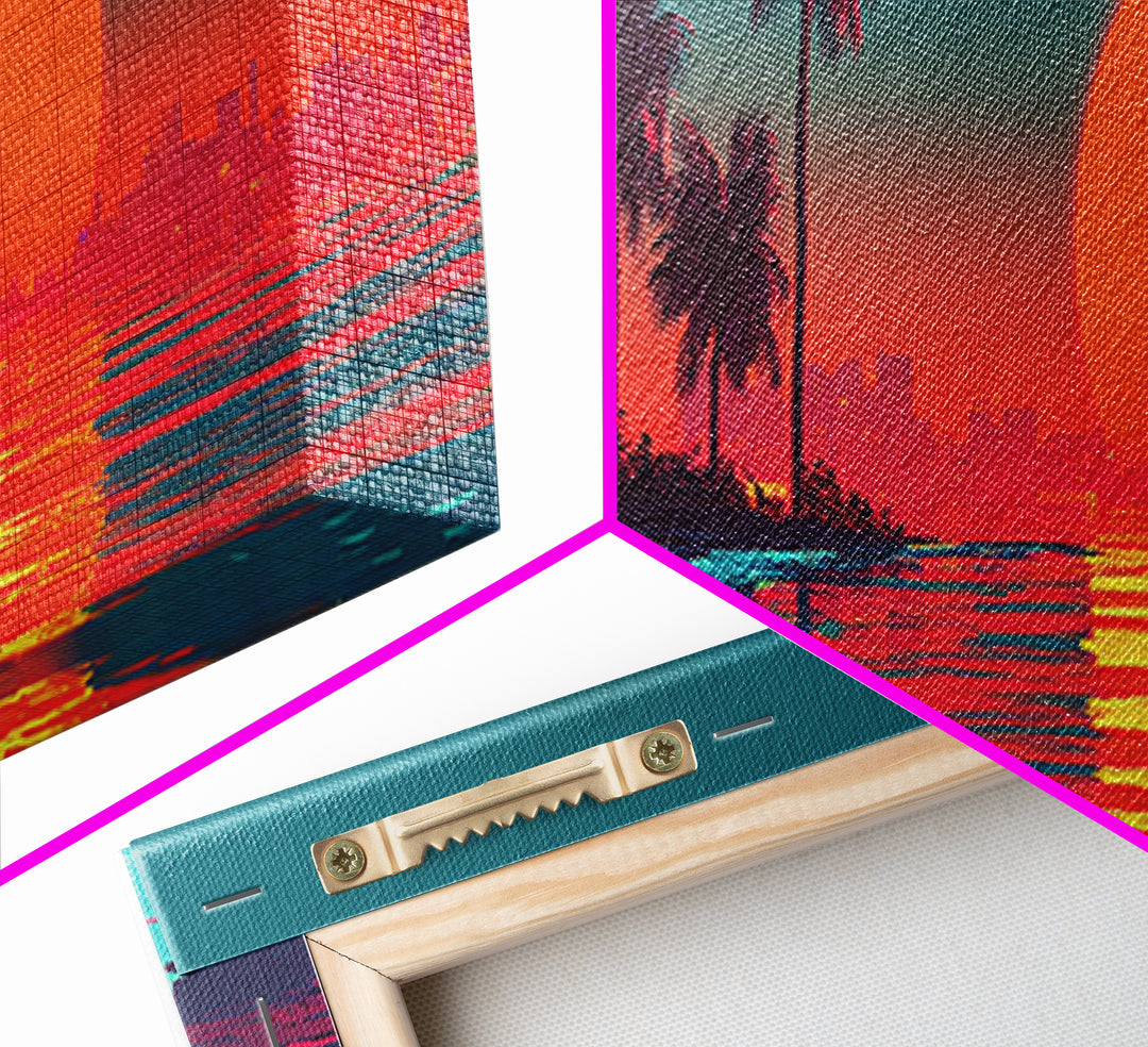 Retro Tropical Sunset Canvas Print, Palm Tree Beach Wall Art, Coastal Decor, Ocean Landscape, Summer Vibes, Large Wall Decor