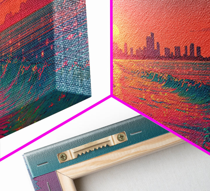 Pixel Art Beach Sunset And Neon Shoreline Wall Art, Miami Coastal Print, Retro Travel Poster, Ocean Decor For Living Room