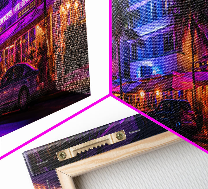 Neon Miami Beach Street Canvas Print, Art Deco Hotel Wall Art, Tropical Nightlife, Travel Poster, Cityscape Home Decor Print