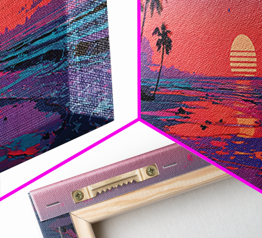 Pink Tropical Island Sunset With Palms Canvas Print, Beach Wall Art, Coastal Home Decor, Ocean Poster, Summer Gift For Her
