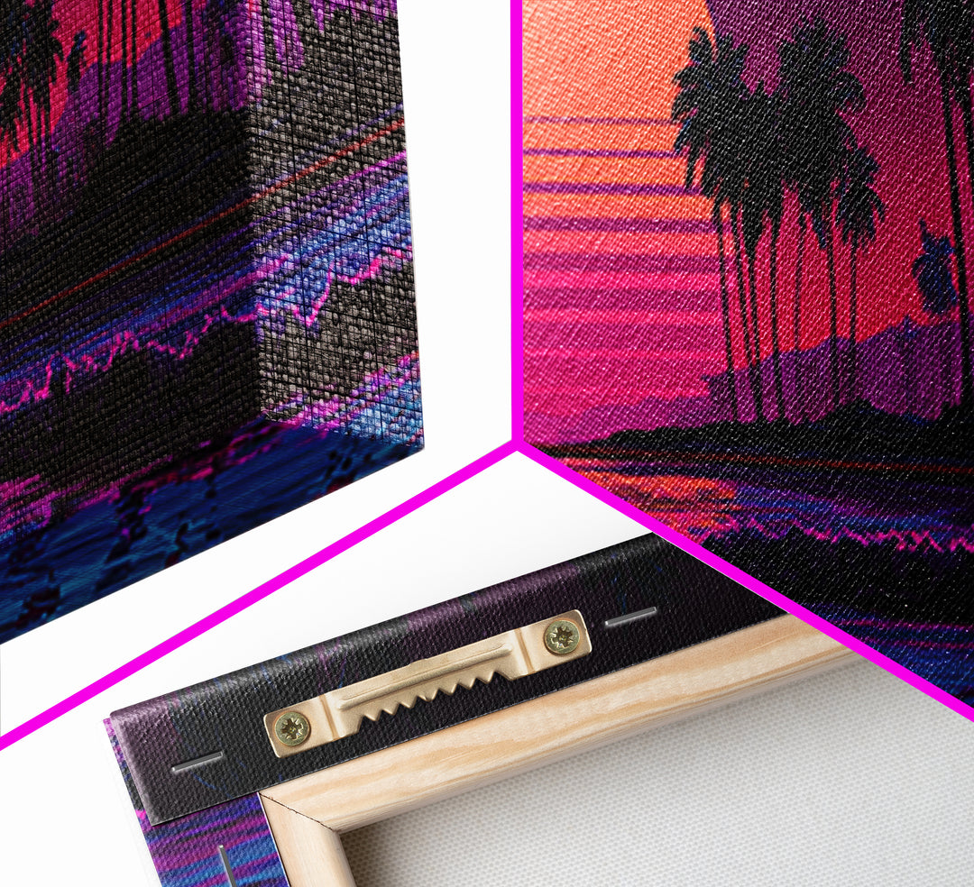 Neon Tropical Palm Sunset Canvas Print, Retro Beach Wall Art, Synthwave Coastal Decor, Vibrant Living Room Poster, Dopamine Decor Gift