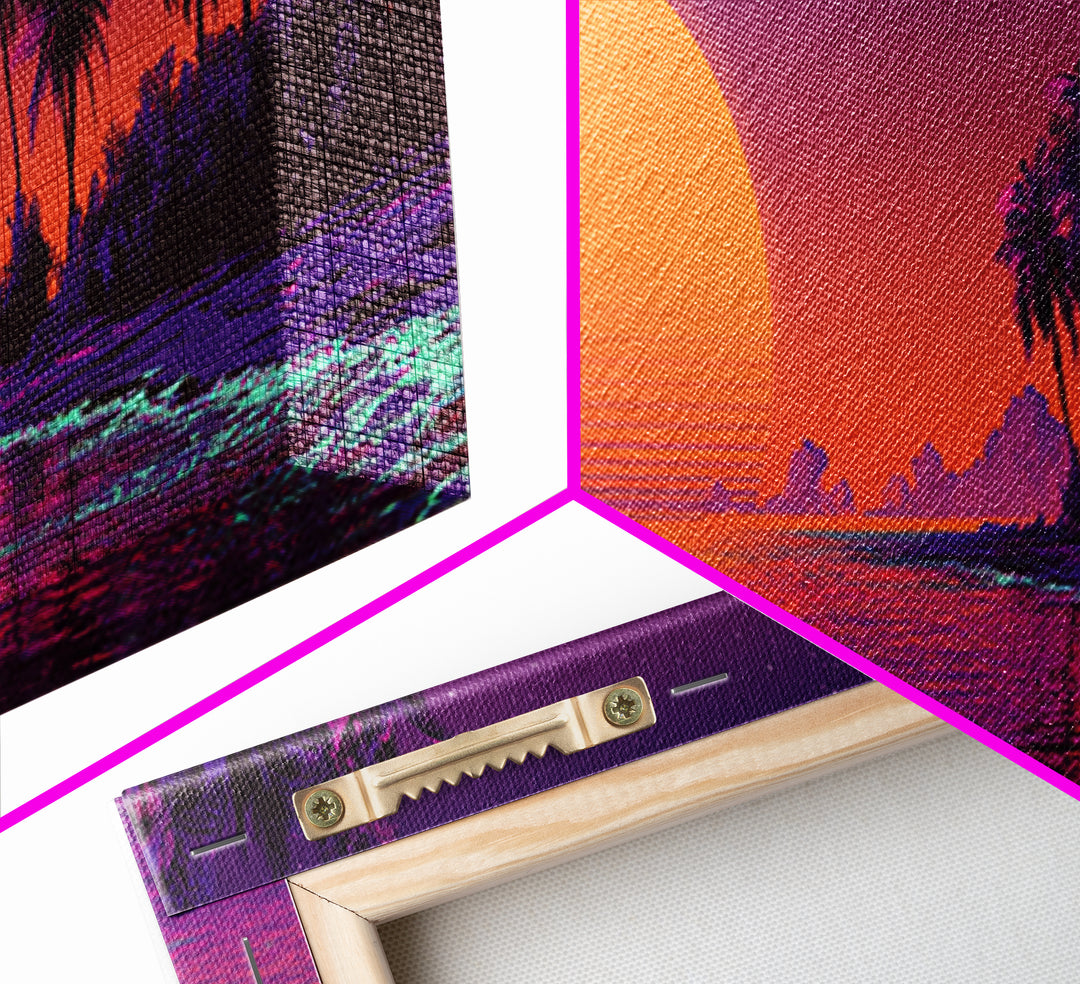 Retro Tropical Sunset Beach Island Wall Art, Purple Ocean Canvas Print, Palm Tree Vaporwave Decor, Coastal Summer Gift For Her
