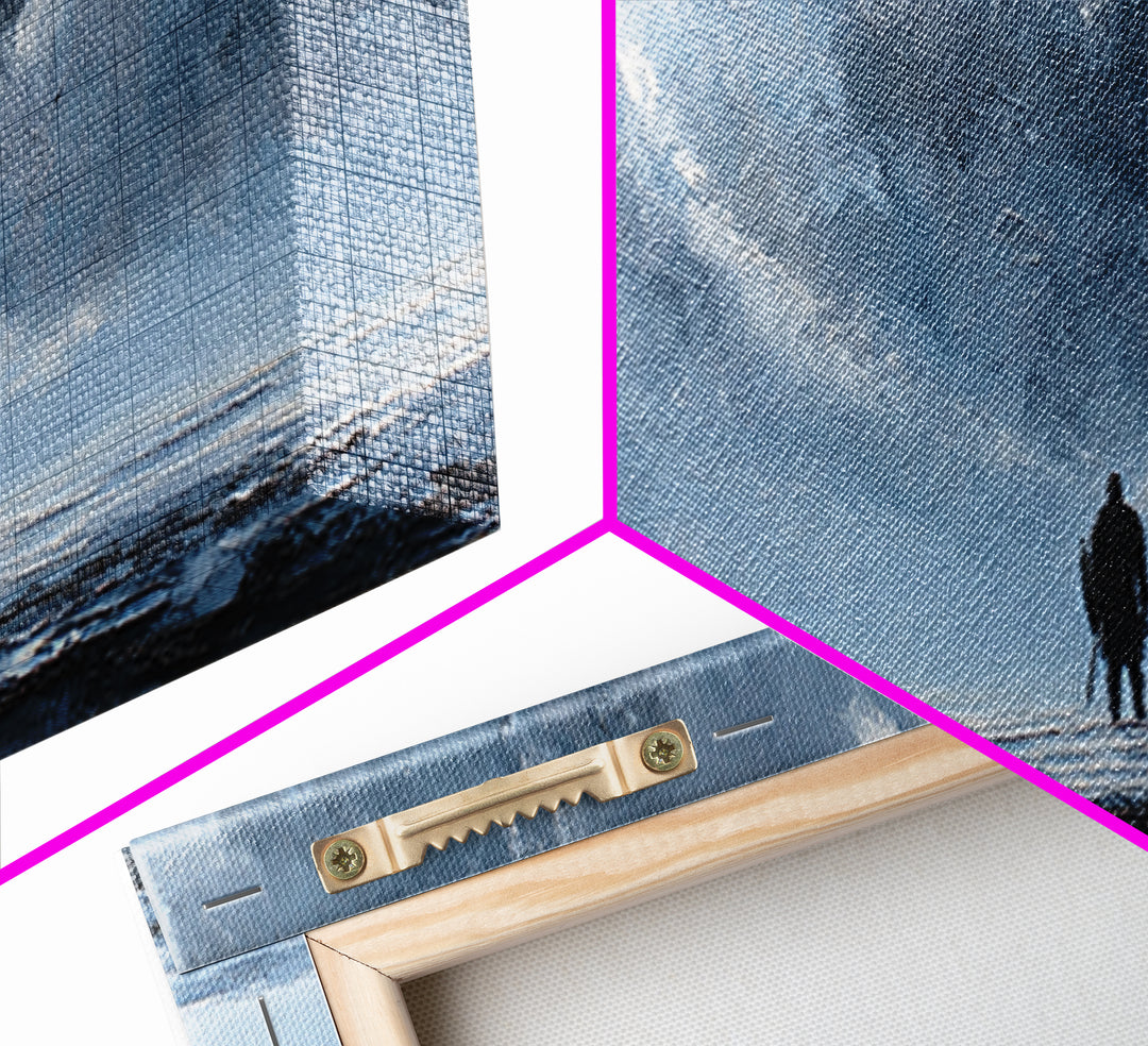 Lone Figure In Icy Storm Canvas Print, Blue Abstract Seascape Wall Art, Moody Ocean Landscape For Modern Living Room Decor