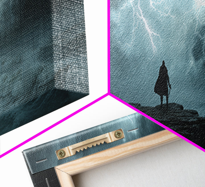 Cloaked Wanderer Under Lightning Canvas Print, Dark Storm Seascape Wall Art, Fantasy Landscape Decor, Moody Office Art Print