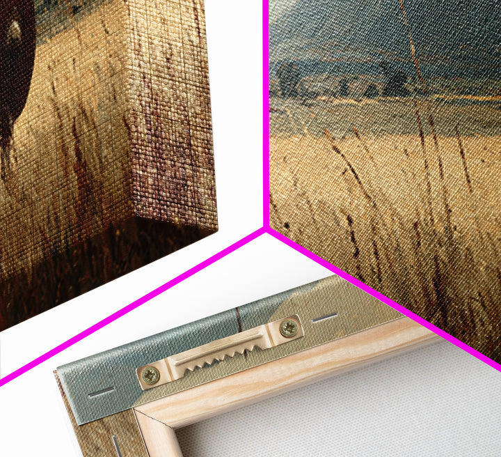 Lone Spearman In Golden Field Canvas Print, Ancient Warrior Landscape, Rustic Wall Art, Historical Decor, Long Horizontal Art