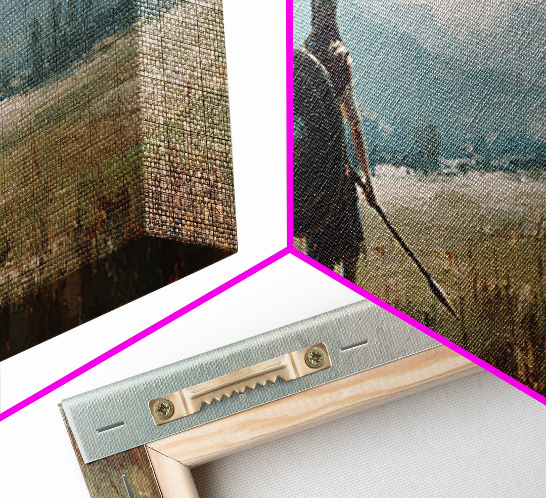 Lone Shield Warrior Landscape Wall Art, Viking Fantasy Canvas, Mountain Battlefield Print, Rustic Medieval Home Decor Gift