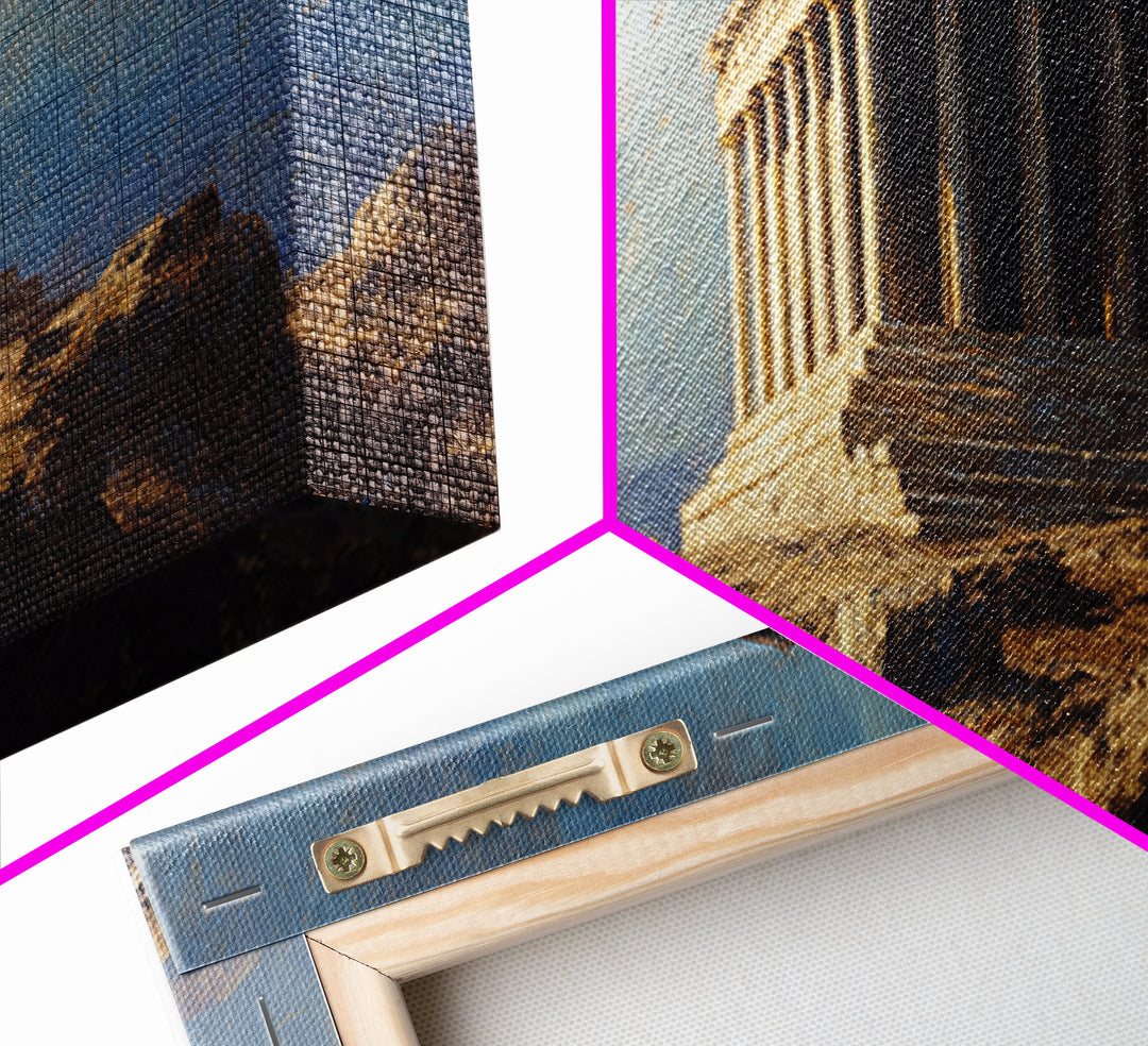 Ancient Greek Temple On Rocky Hill Wall Art, Classical Landscape Painting, European Decor, Large Framed Canvas Print For Home