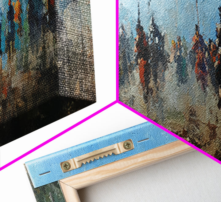 Abstract Cavalry Riders In Blue Haze Wall Art, Horseback Battle Oil Painting Print, Western Living Room Decor Gift For Him