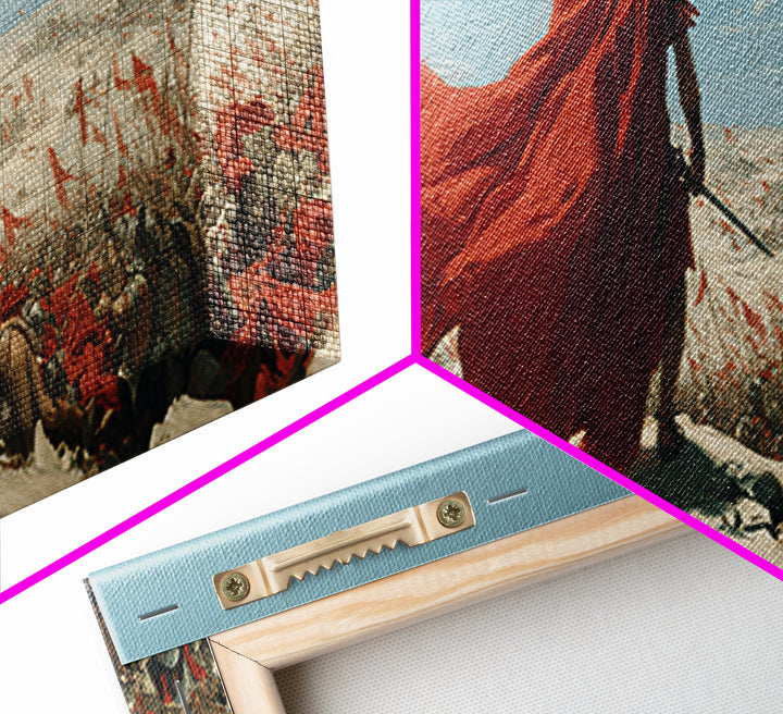 Red Cloaked Commander Over Snowy Battlefield Wall Art, Epic Fantasy Warrior, Historical Canvas Print, Statement Office Decor