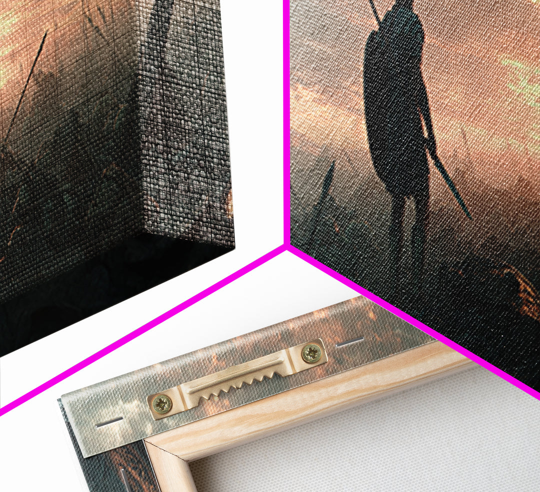 Lone Warrior On Smoky Battlefield Wall Art, Dark Fantasy Canvas, Epic Medieval Landscape, Dramatic Living Room Decor, Above Sofa Decor