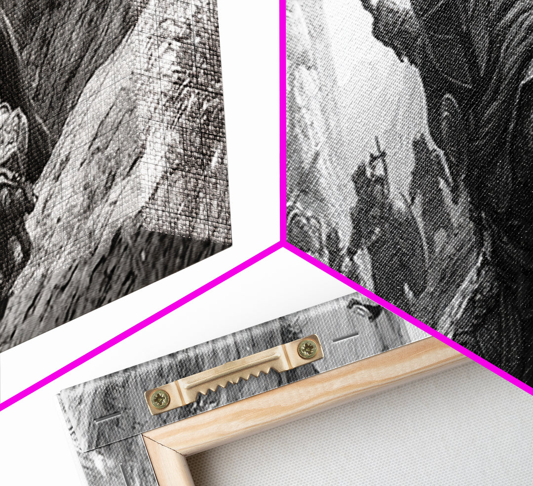 Black And White Canyon Ambush Wall Art, Medieval Warrior Canvas Print, Historic Battle Illustration, Masculine Decor, Office Wall Art