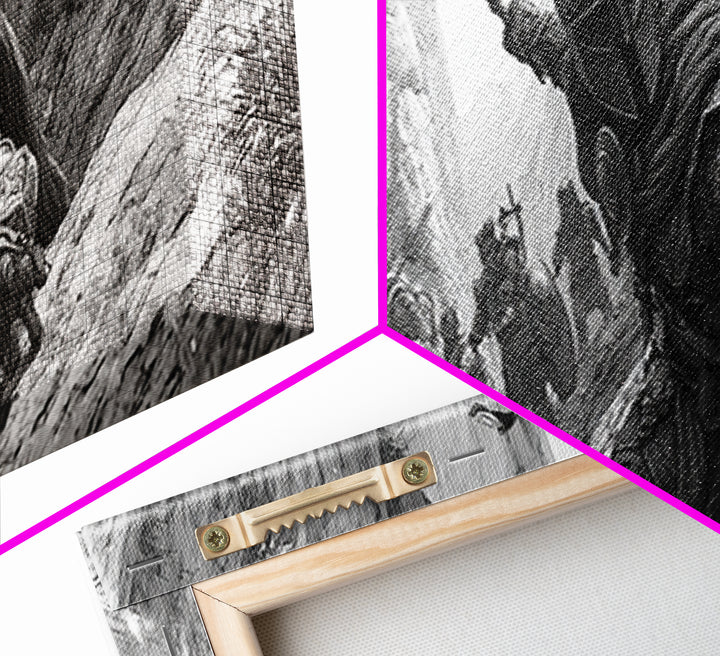 Black And White Canyon Ambush Wall Art, Medieval Warrior Canvas Print, Historic Battle Illustration, Masculine Decor, Office Wall Art