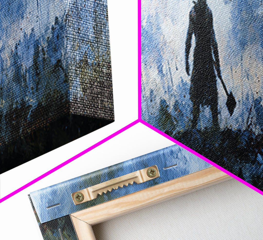 Dark Viking With Hammer Wall Art, Stormy Norse Warrior Canvas Print, Moody Fantasy Decor, Masculine Office Artwork Gift For Him