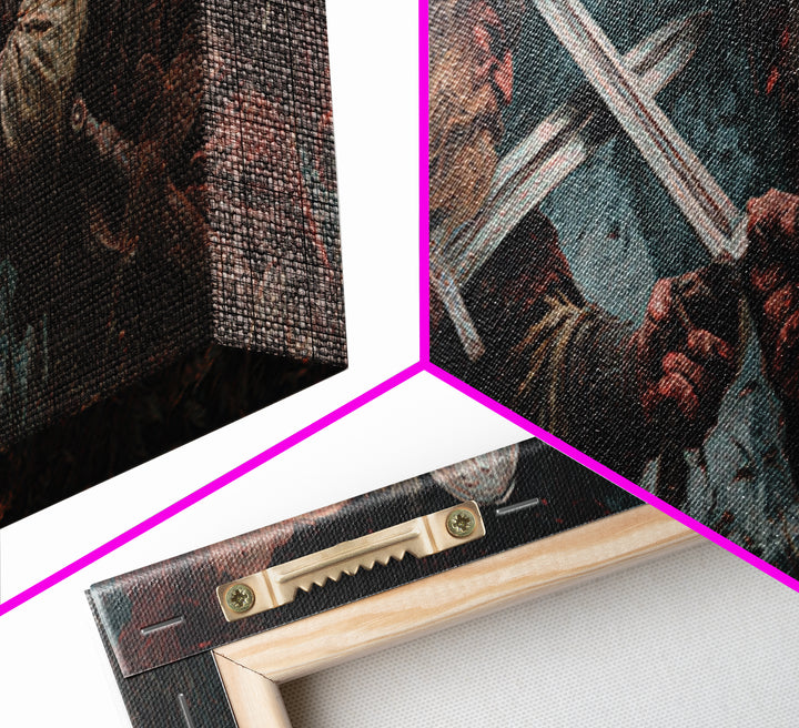Viking Duel With Crossed Swords Framed Canvas Print, Dark Fantasy Wall Art, Medieval Warrior Decor, Man Cave Art, Gift For Him