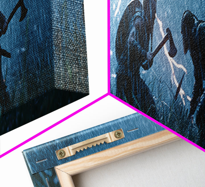 Viking Warriors In Lightning Rain Canvas Print, Dark Medieval Battle Wall Art, Stormy Fantasy Decor, Dramatic Game Room Decor