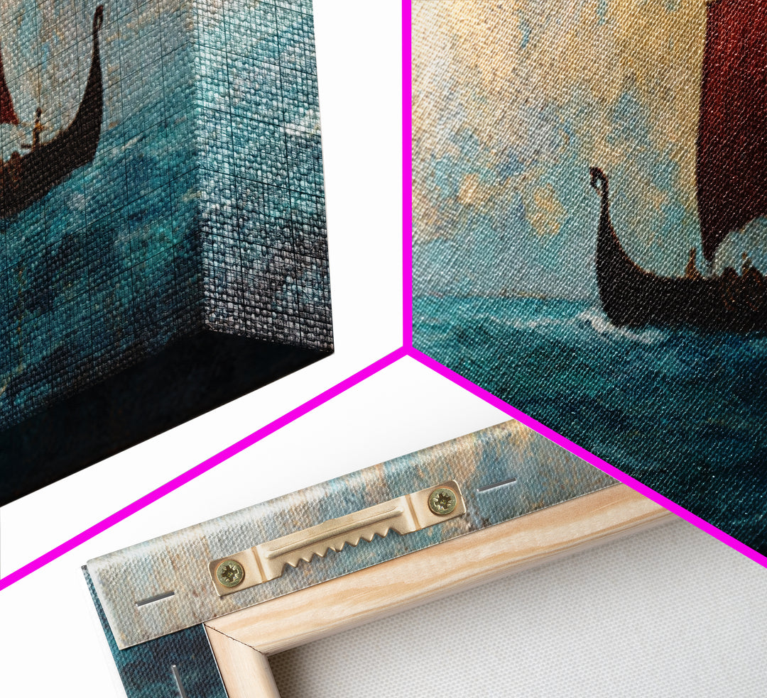 Viking Longship With Red Sail Canvas Print, Nautical Wall Art, Nordic Seascape Decor, Coastal Living Room Art, Ocean Wall Decor