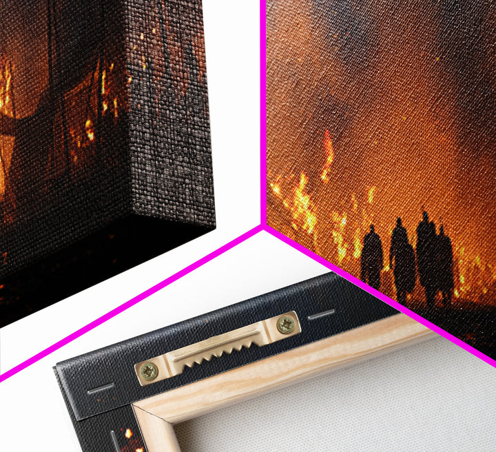 Burning Medieval Camp At Night Wall Art, Dark Fantasy Canvas Print, Fiery Battle Scene, Gothic Game Room Decor, Masculine Wall Decor