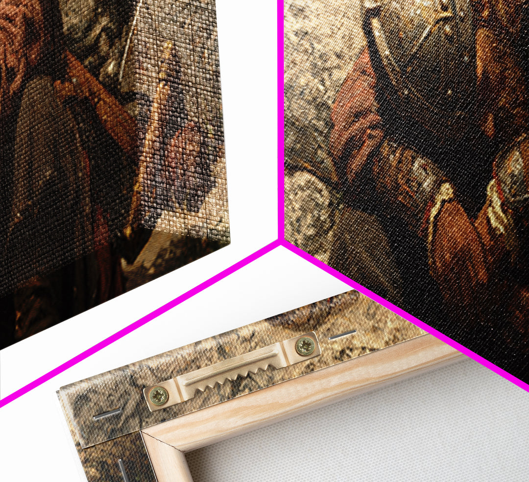 Weary Viking Resting By Stone Wall Framed Canvas Print, Norse Warrior Art, Rustic Medieval Decor, Dark Academia Gift Print