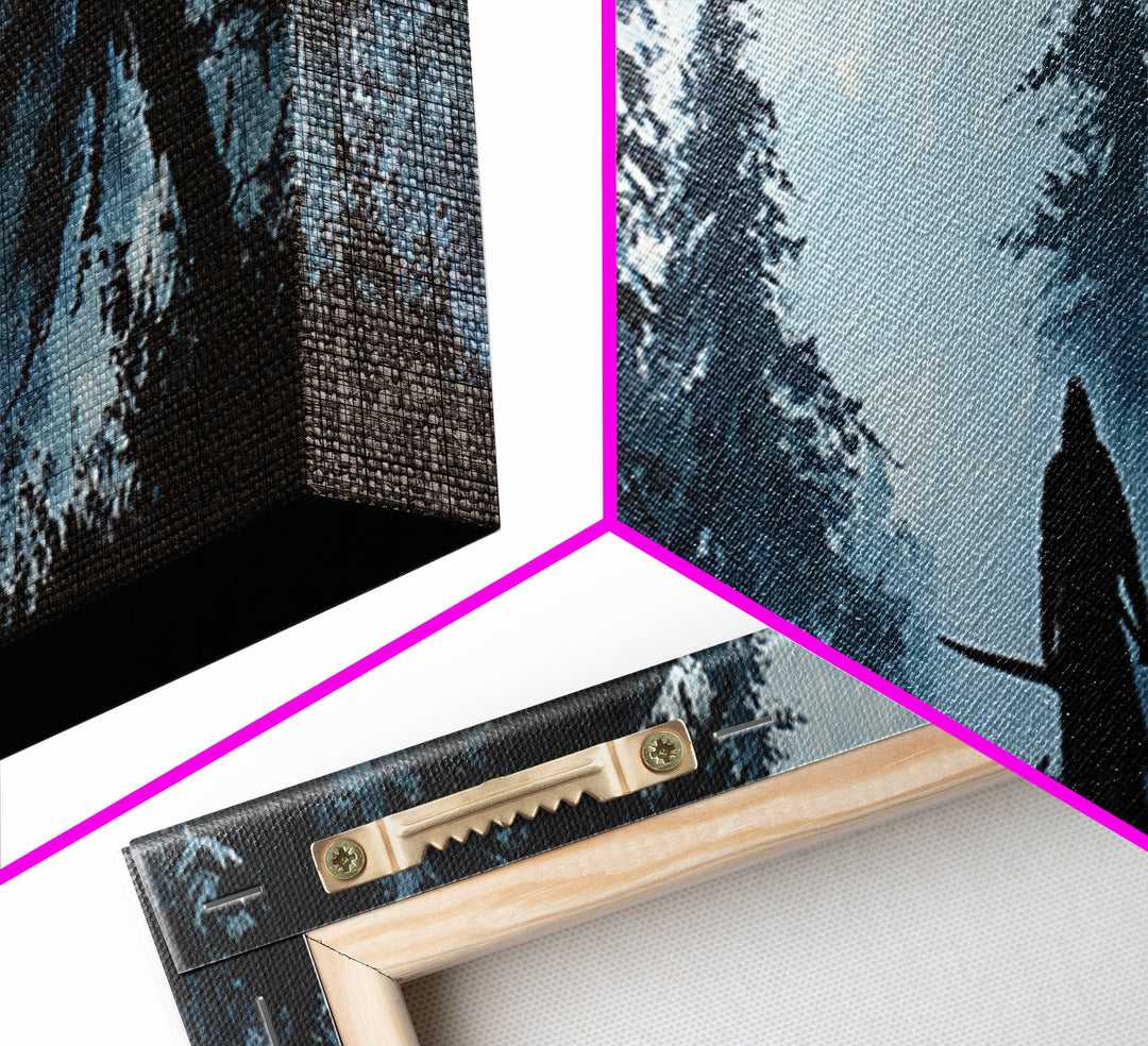 Shadowed Warrior In Misty Pine Forest Wall Art, Dark Fantasy Canvas Print, Moody Woodland Decor, Rustic Cabin Wall Decor