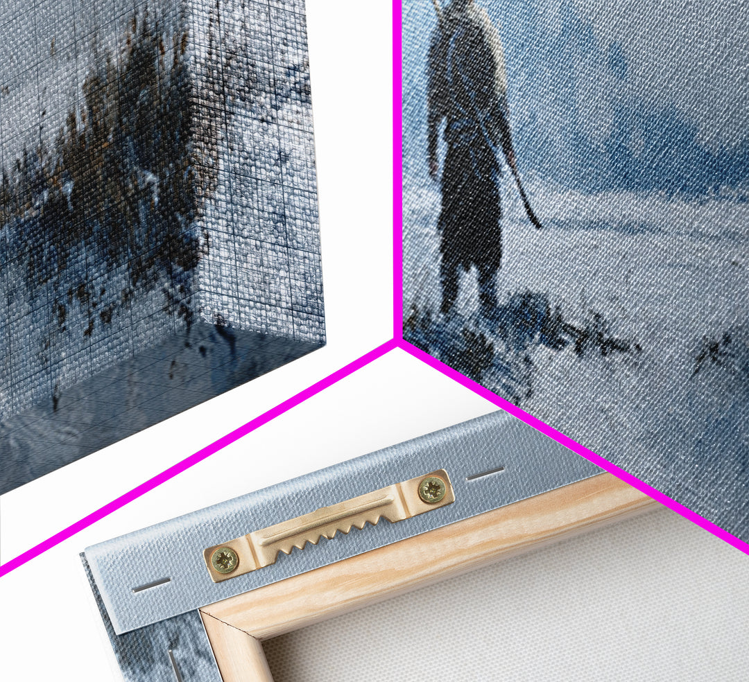 Lone Warrior Crossing Snowy Mountain Valley Wall Art, Winter Landscape Canvas Print, Rustic Cabin Decor, Adventure Gift Idea