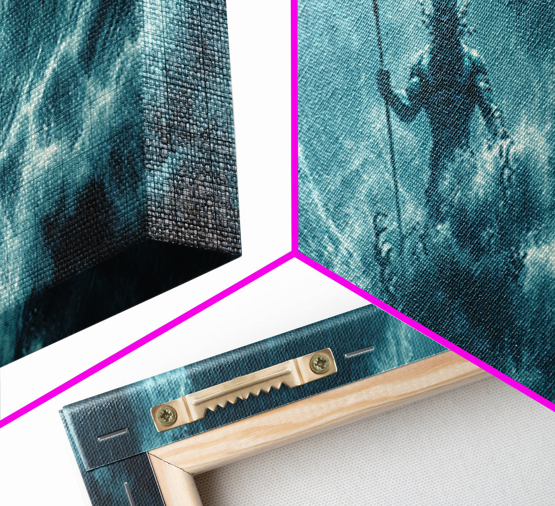 Storm God Rising From Ocean Waves Canvas Print, Poseidon Trident Fantasy Art, Dramatic Nautical Wall Decor For Men, Coastal Storm Artwork