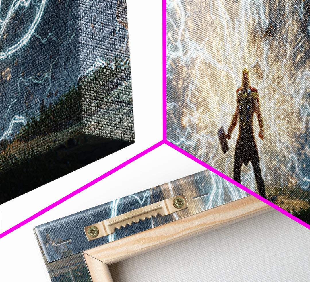 Armored Hero Facing Lightning Portal Canvas Print, Futuristic Sci Fi Wall Art, Cyberpunk Battle Decor, Epic Gaming Room Art