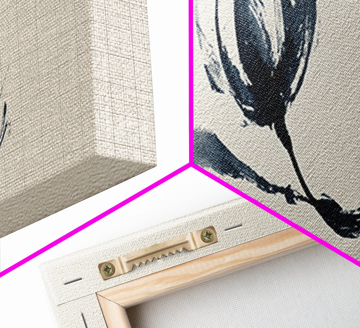 Minimalist Ink Flower On Textured Linen Wall Art, Botanical Canvas Print, Neutral Floral Decor, Japandi Bedroom Wall Art