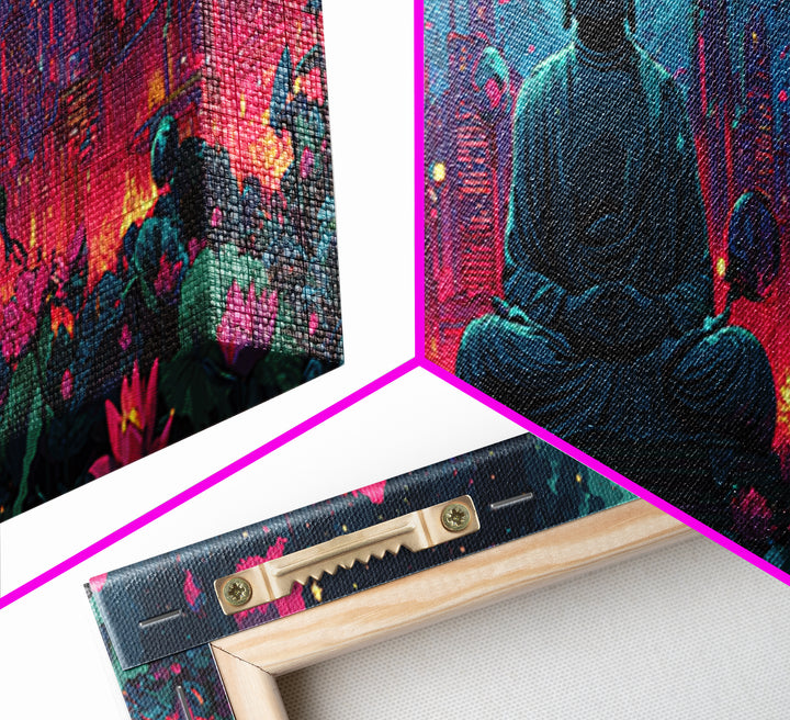 Neon Cyberpunk Buddha City Canvas Print, Futuristic Wall Art, Meditation Decor, Lotus Garden, Gaming Room Poster, Sci Fi Home Decor