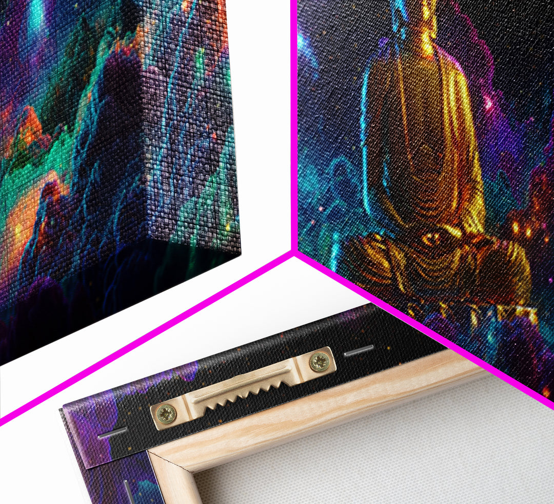 Golden Buddha In Cosmic Nebula Clouds Wall Art, Meditation Room Decor, Spiritual Canvas, Yoga Studio, Celestial Print Gift