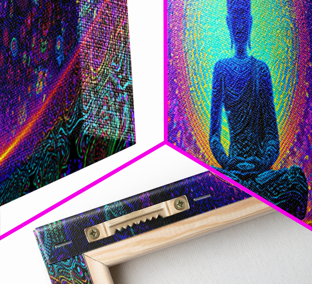 Psychedelic Buddha Mandala Wall Art, Rainbow Meditation Decor, Spiritual Canvas Print, Yoga Studio, Maximalist Wall Decor