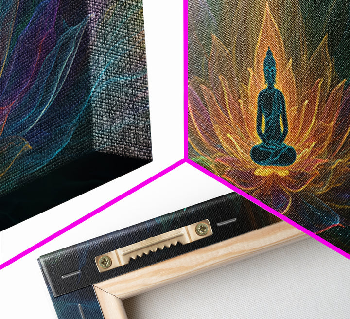 Glowing Buddha Lotus Meditation Canvas Print, Spiritual Zen Wall Decor, Yoga Room Art, Sacred Geometry, Calming Home Decor