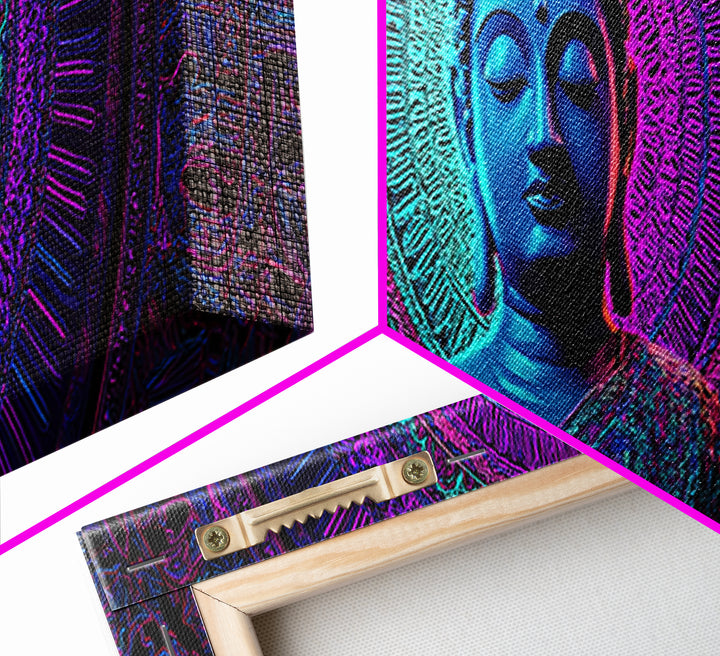 Neon Blue Buddha Meditation Wall Art, Framed Canvas Print, Zen Spiritual Decor, Mandala Yoga Room And Calming Spa Wall Decor