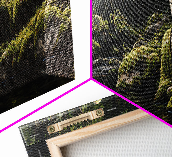 Mossy Buddha Forest Stream Wall Art, Zen Meditation Canvas Print For Spa Decor, Japandi Bathroom Decor And Nature Wall Art