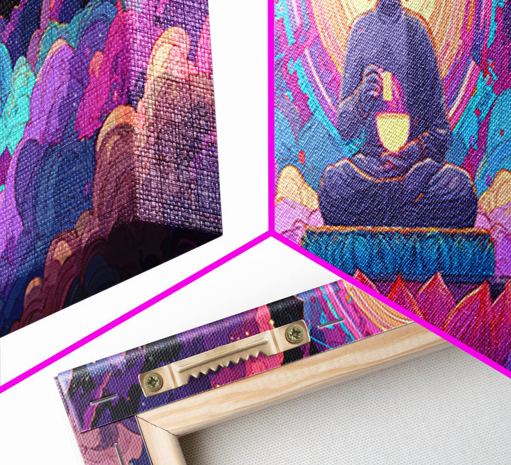 Radiant Buddha Lotus Meditation Canvas Print, Psychedelic Celestial Wall Art For Yoga Studio, Spiritual Home Decor Print