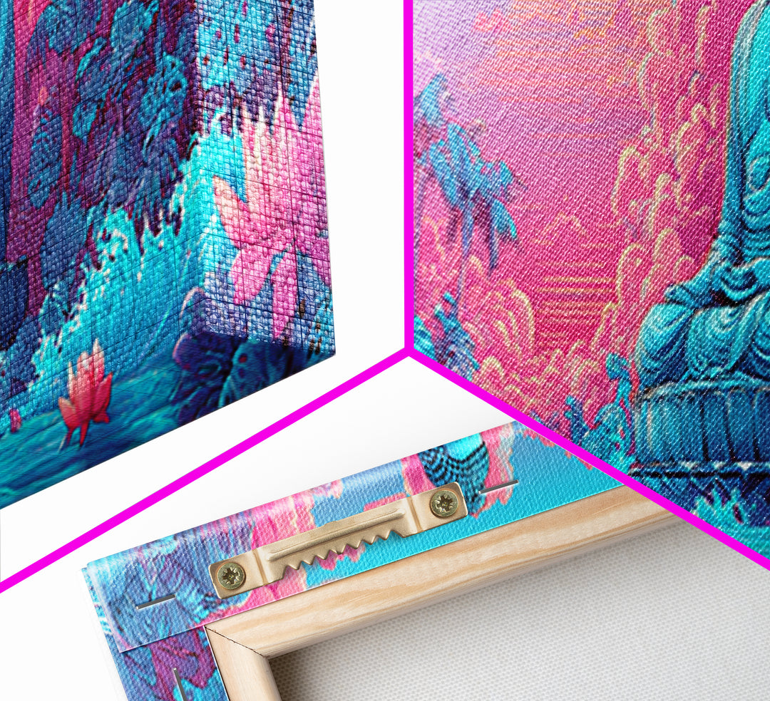 Pink Blue Buddha Garden Wall Art, Zen Meditation Canvas Print, Lotus Flower Spiritual Decor, Tropical Calming Room Art Print