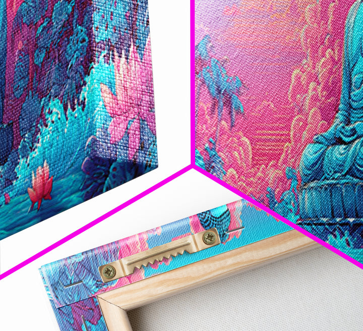Pink Blue Buddha Garden Wall Art, Zen Meditation Canvas Print, Lotus Flower Spiritual Decor, Tropical Calming Room Art Print