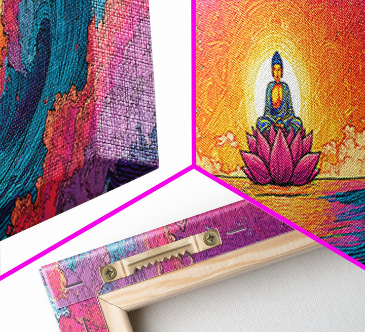 Pixel Buddha On Lotus Waves Wall Art, Celestial Meditation Canvas Print, Zen Yoga Room Decor, Vibrant Spiritual Gift For Home Decor