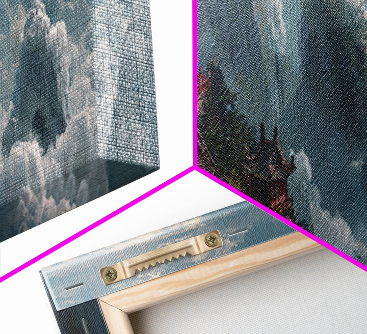 Cloud Temple Mountain Wall Art, Asian Pagoda Fantasy Landscape, Zen Home Decor Framed Canvas Print, Large Living Room Art