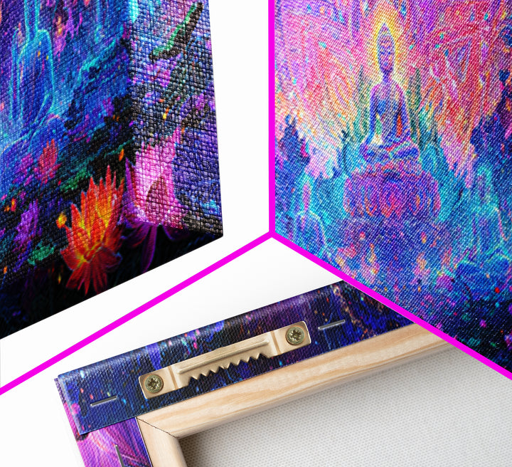 Glowing Lotus Buddha Meditation Wall Art, Psychedelic Spiritual Canvas Print, Yoga Studio Decor, Celestial Mindfulness Gift