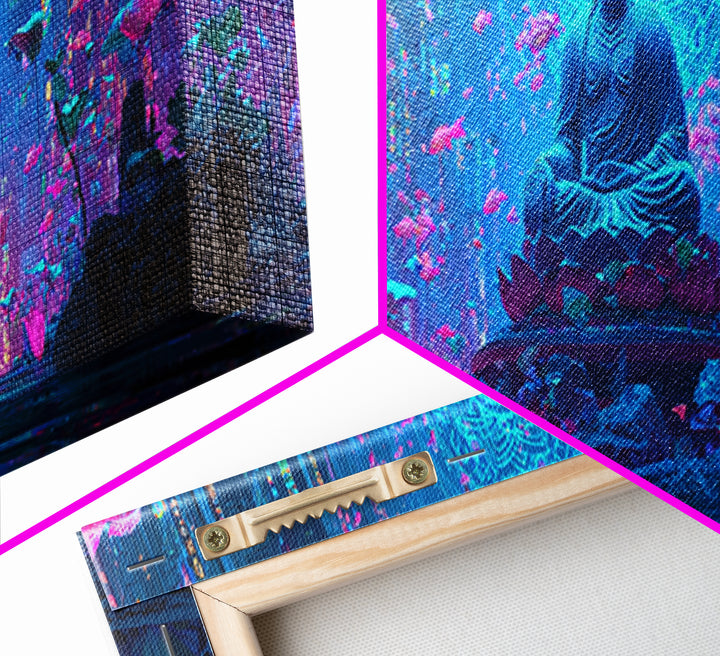 Neon Buddha Fish Temple Canvas Print, Zen Cyberpunk Wall Art, Meditation Room Decor, Futuristic Spiritual Wall Art Print